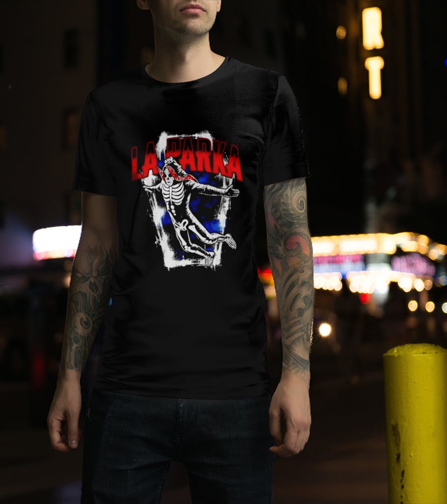 LA Parka Masked Skeleton Wrestler Jumping Distressed Frame T-Shirt