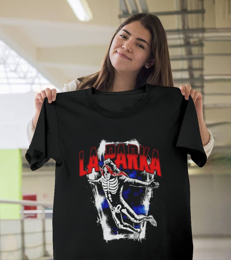 LA Parka Masked Skeleton Wrestler Jumping Distressed Frame T-Shirt
