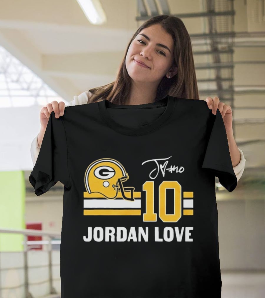 Green Bay Packers Jordan Love 10 Helmet Stripes JM Signature Distressed T-Shirt