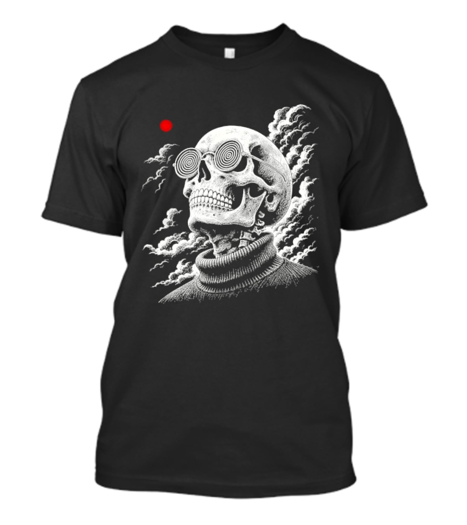Line Skull Hypnotic Glasses Turtleneck Red Sun Clouds T-Shirt