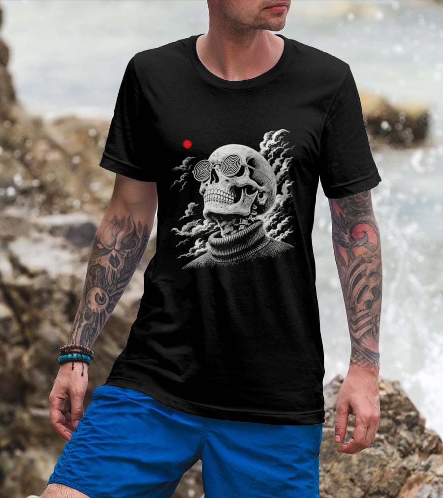 Line Skull Hypnotic Glasses Turtleneck Red Sun Clouds T-Shirt
