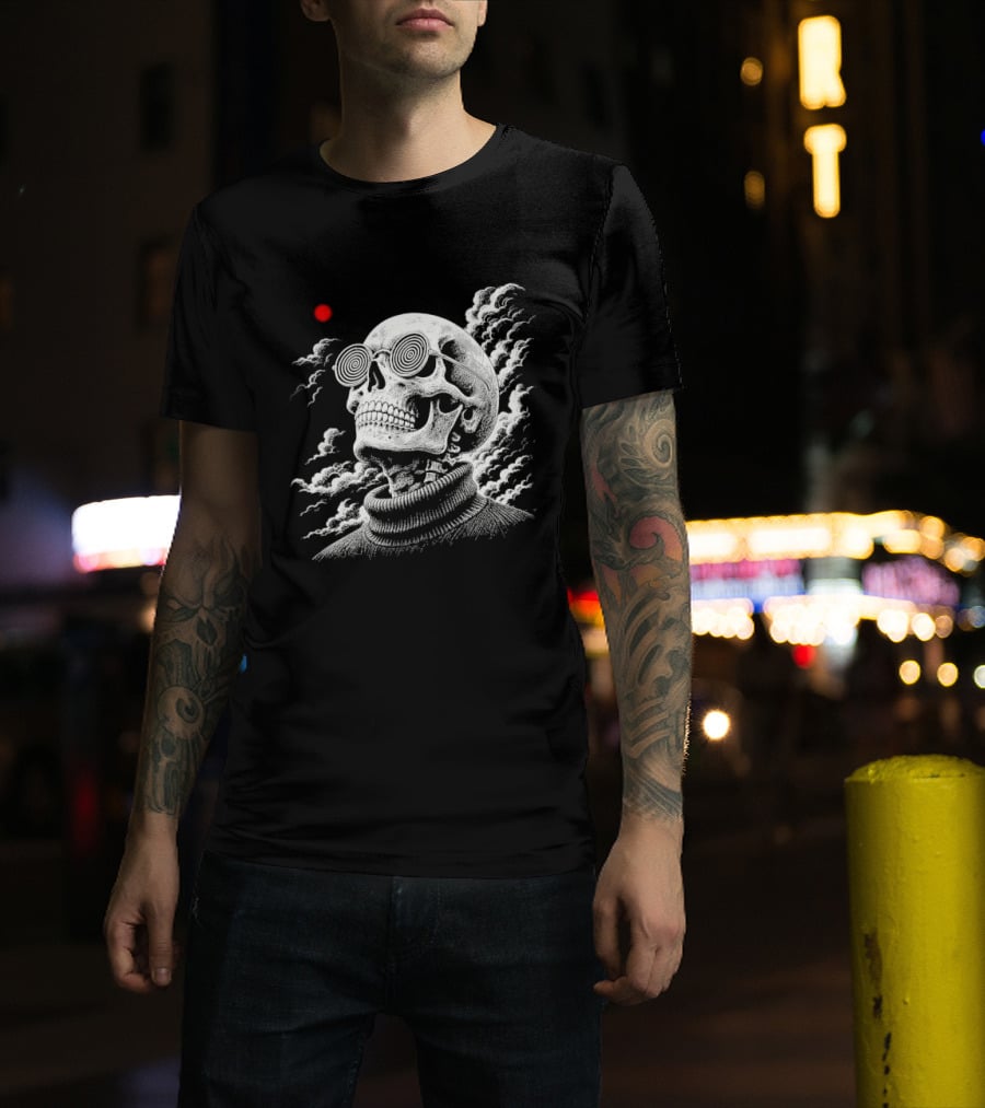 Line Skull Hypnotic Glasses Turtleneck Red Sun Clouds T-Shirt