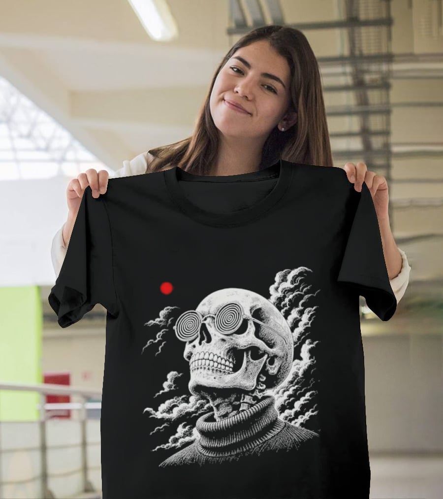 Line Skull Hypnotic Glasses Turtleneck Red Sun Clouds T-Shirt