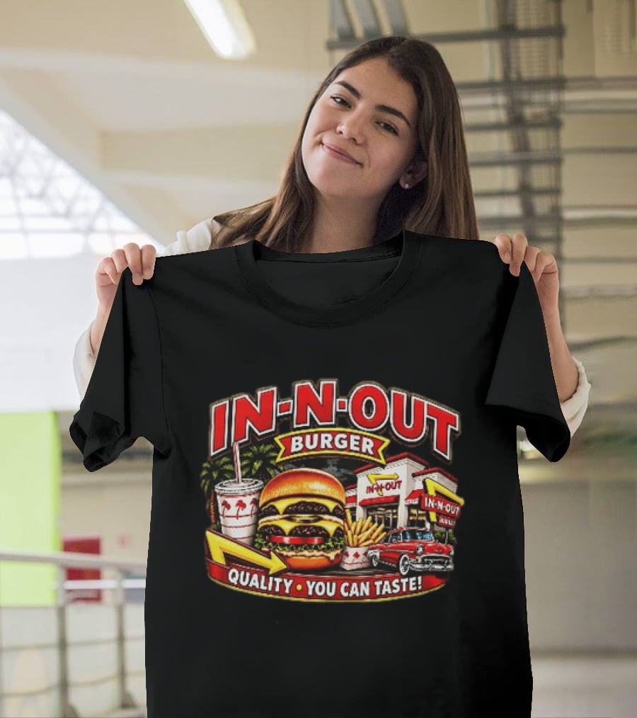 In N Out Burger Quality You Can Taste Palm Trees Classic Car Hamburger Fries Retro Restaurant Scene T-Shirt