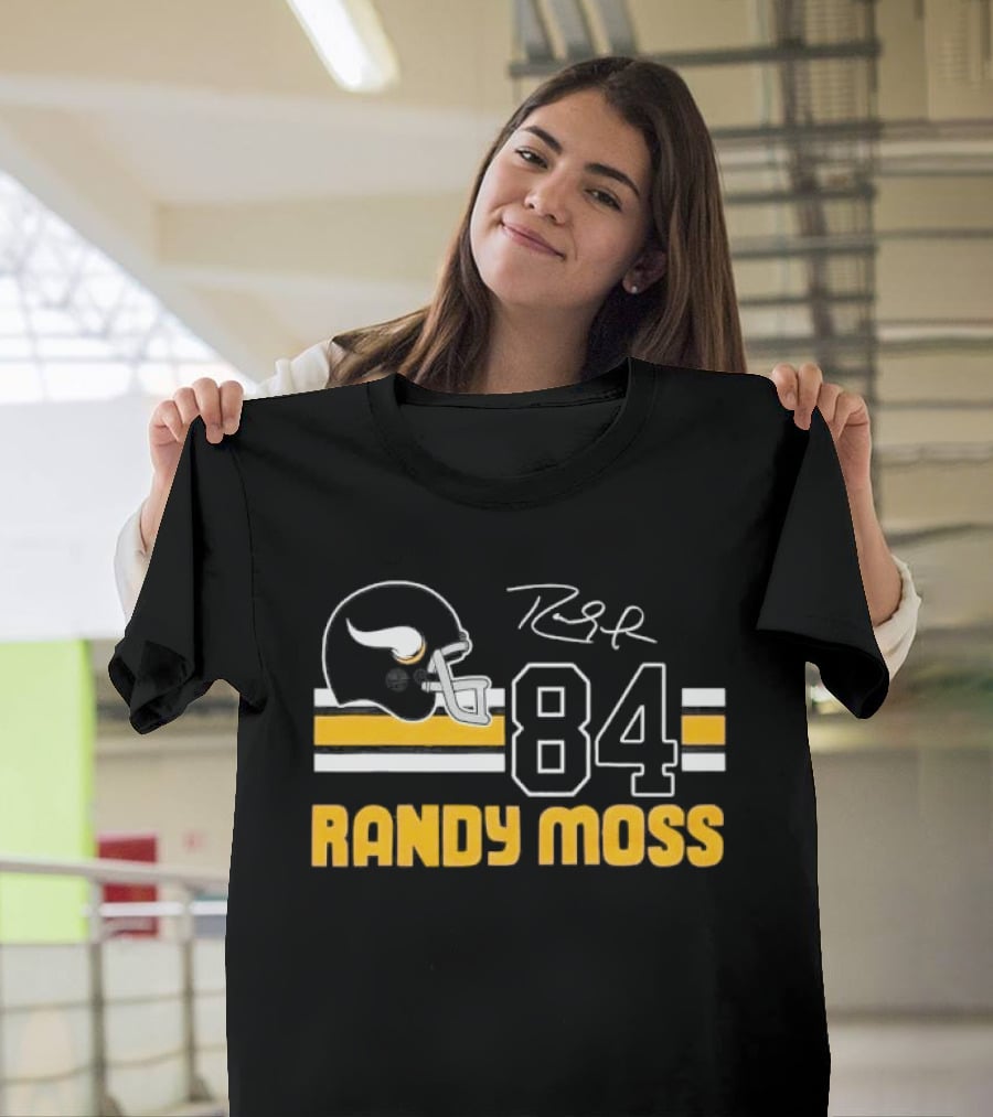 Randy Moss Minnesota Vikings 84 Helmet Stripes Autograph T-Shirt