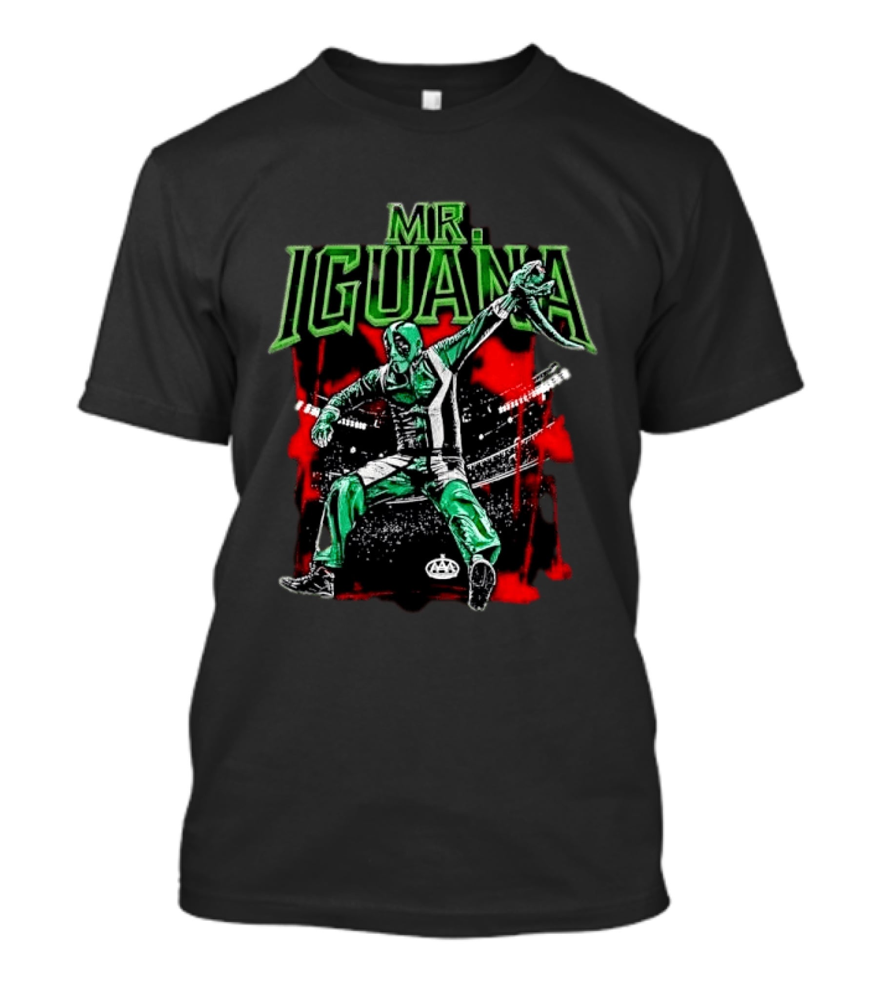 Mr Iguana Masked Wrestler With Lizard Puppet AAA Red Paint Splatter T-Shirt