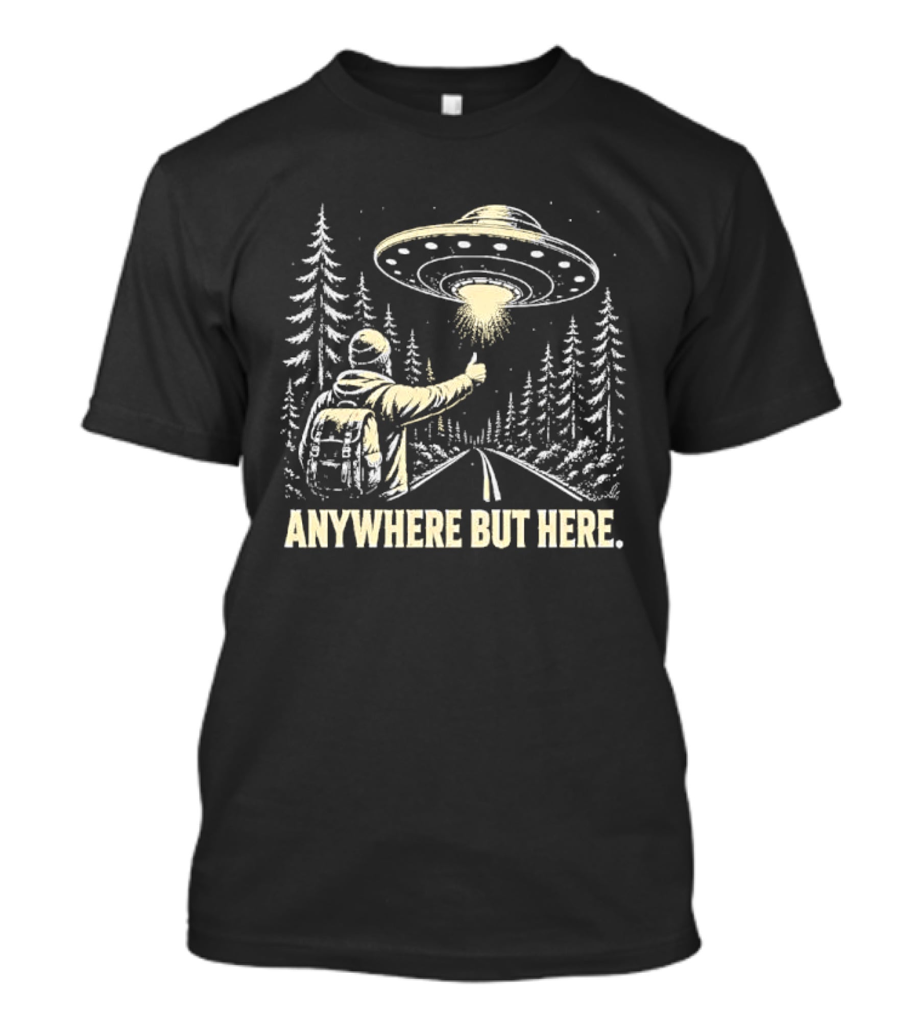 Anywhere But Here Hitchhiker UFO Forest Adventure T-Shirt