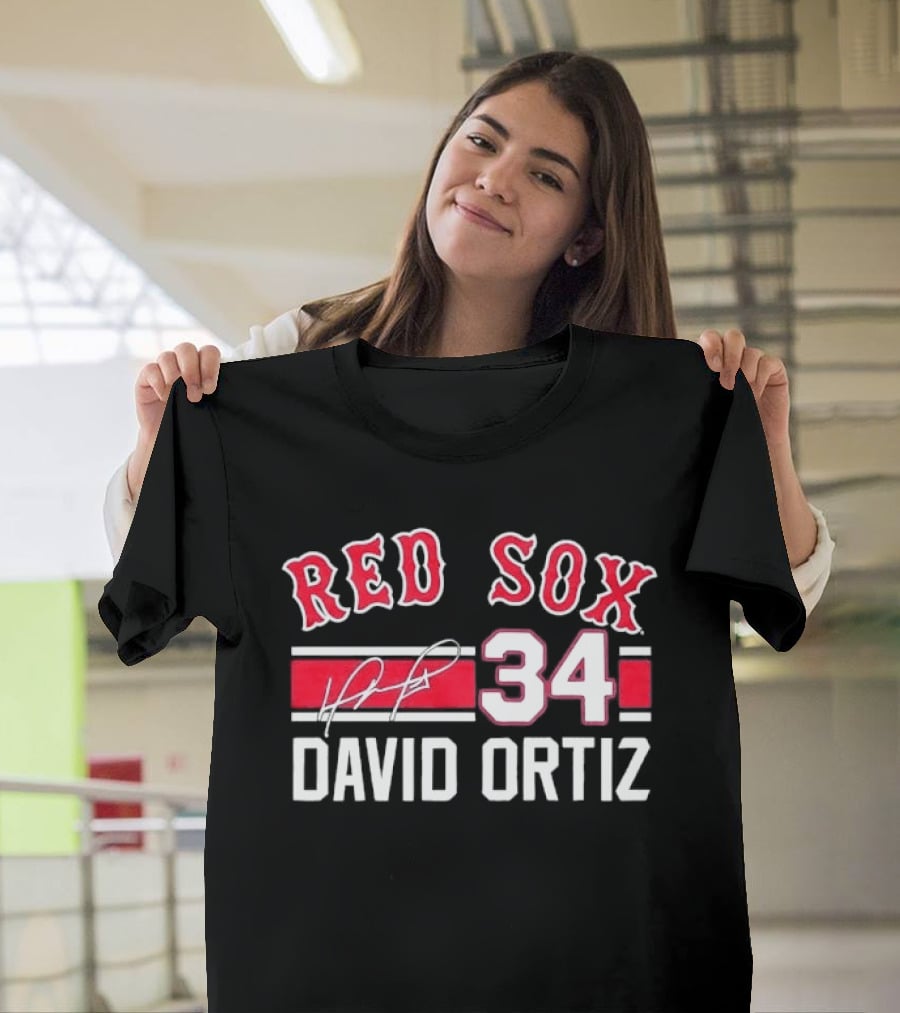 Red Sox MLB David Ortiz 34 White Stripes Distressed T-Shirt