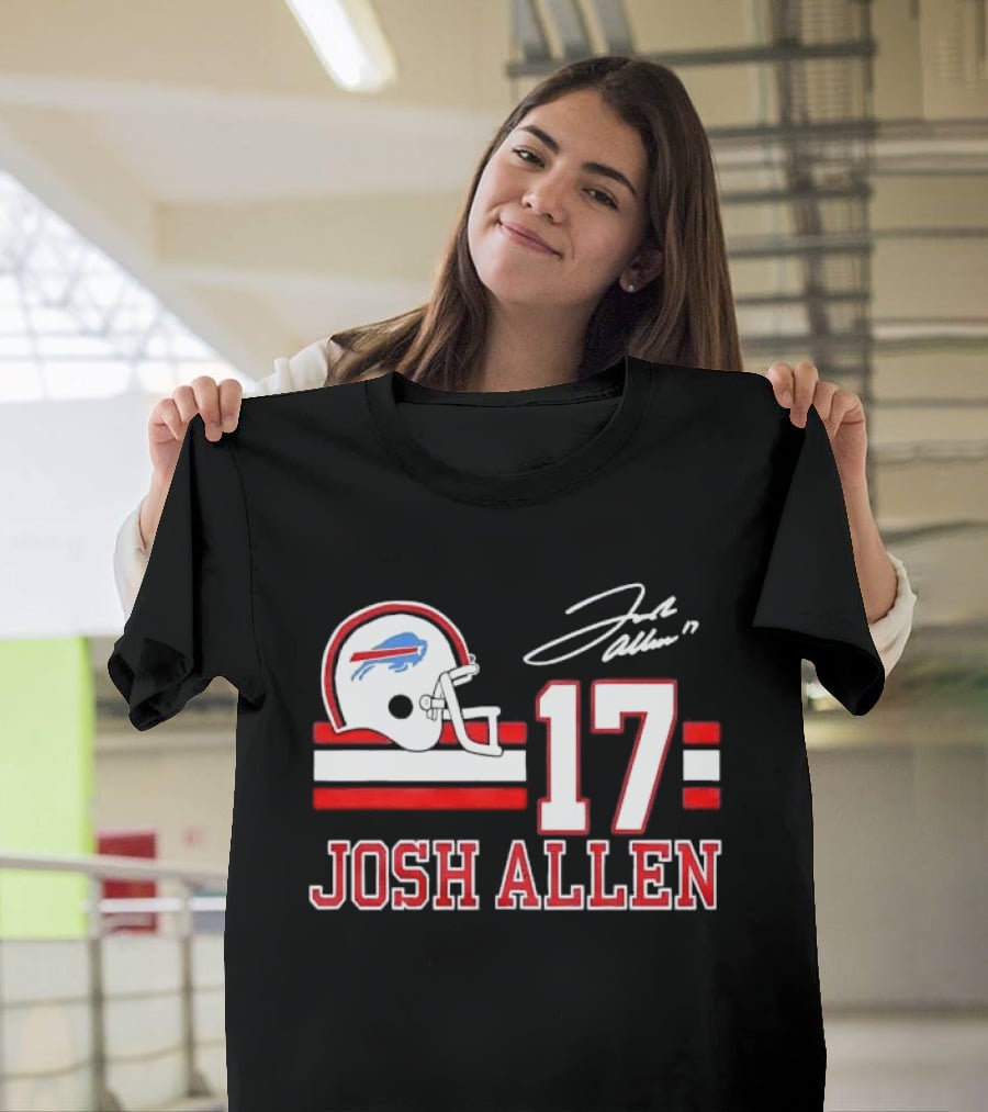 Josh Allen 17 Buffalo Bills Helmet Red Stripes Distressed T-Shirt