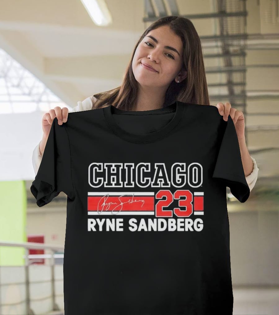 Chicago Cubs Ryne Sandberg 23 Red White Horizontal Stripes Distressed T-Shirt