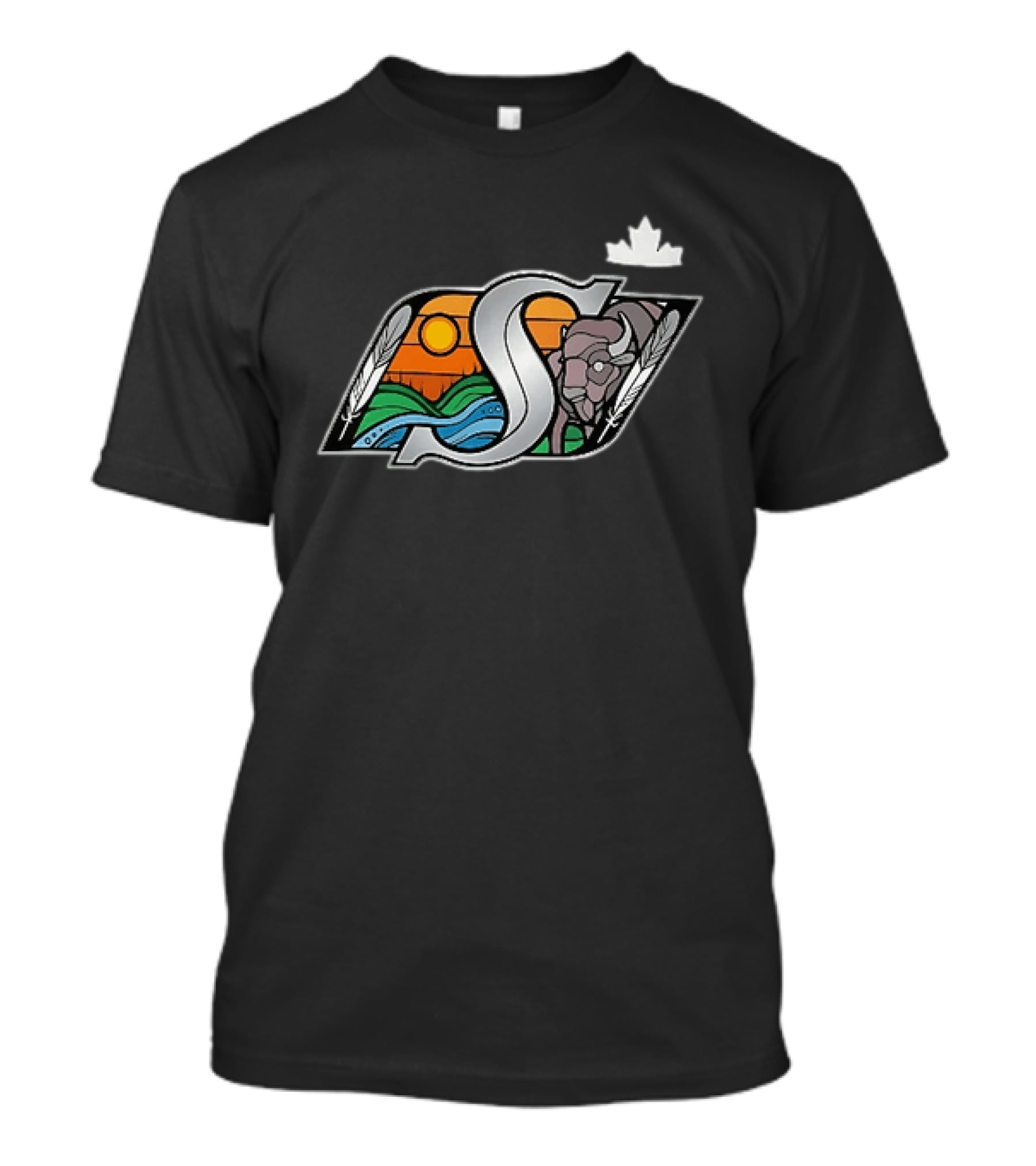 Saskatchewan Roughriders 2025 Indigenous Heritage Special Buffalo Sunrise Feather River T-Shirt
