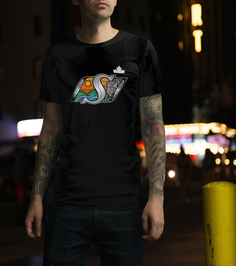 Saskatchewan Roughriders 2025 Indigenous Heritage Special Buffalo Sunrise Feather River T-Shirt