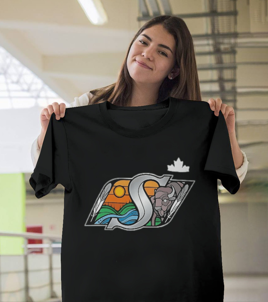 Saskatchewan Roughriders 2025 Indigenous Heritage Special Buffalo Sunrise Feather River T-Shirt
