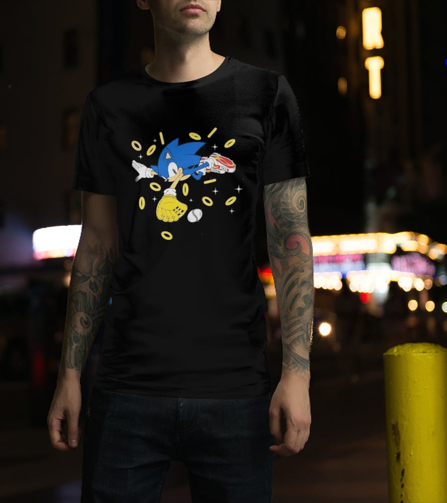 The Hedgehog Running Collecting Rings With Baseball Glove And Ball T-Shirt