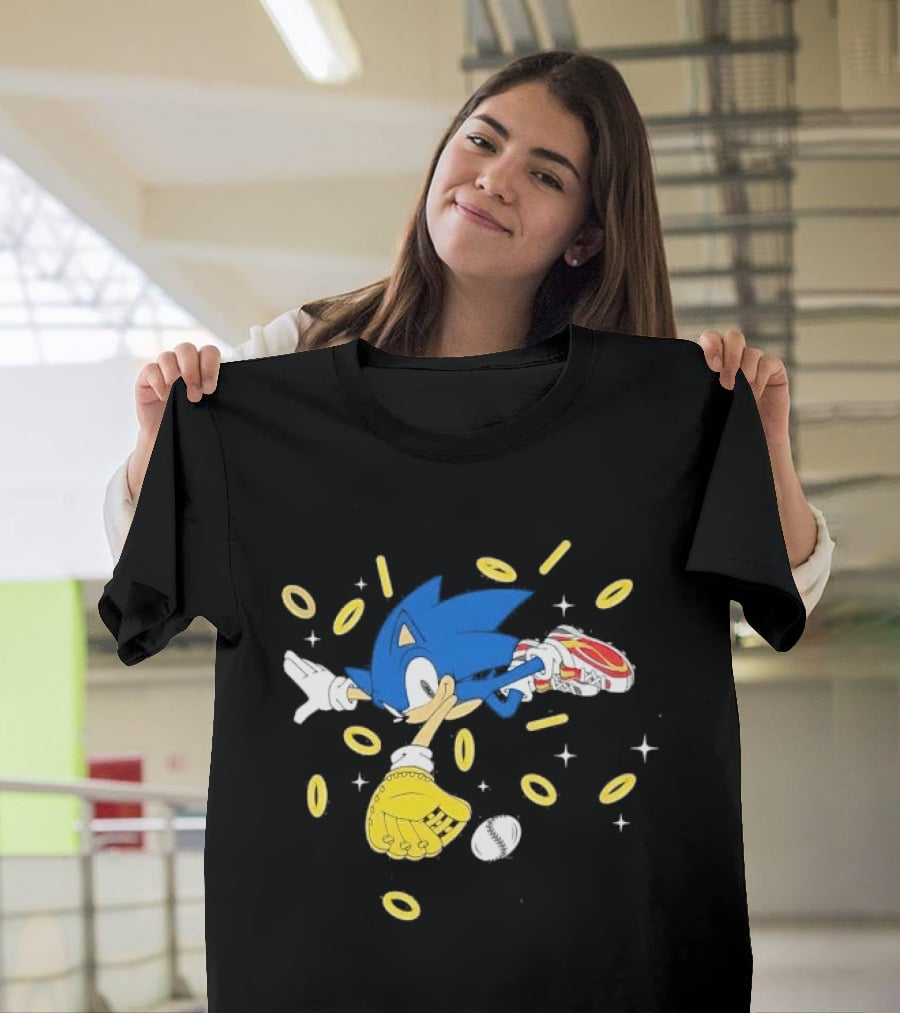 The Hedgehog Running Collecting Rings With Baseball Glove And Ball T-Shirt