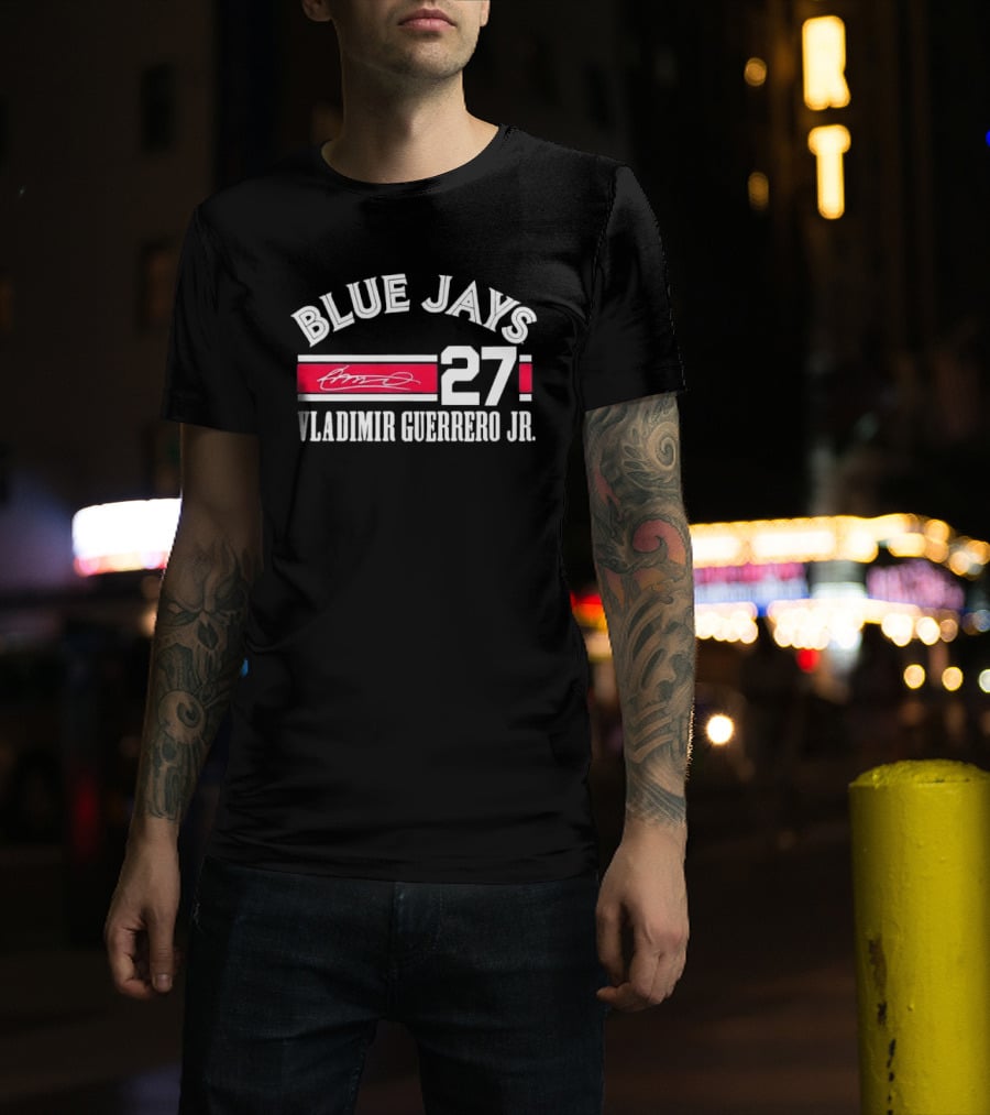 Blue Jays Vladimir Guerrero Jr 27 Red Stripe Signature Distressed T-Shirt