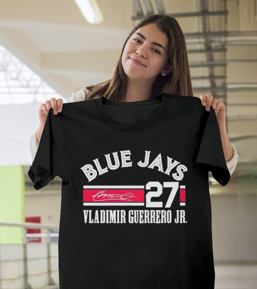 Blue Jays Vladimir Guerrero Jr 27 Red Stripe Signature Distressed T-Shirt