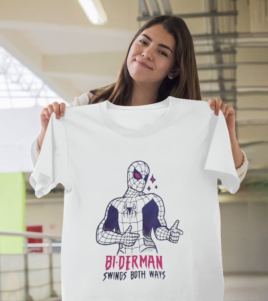 Bi Derman Swings Both Ways Spider Man LGBTQ Superhero T-Shirt