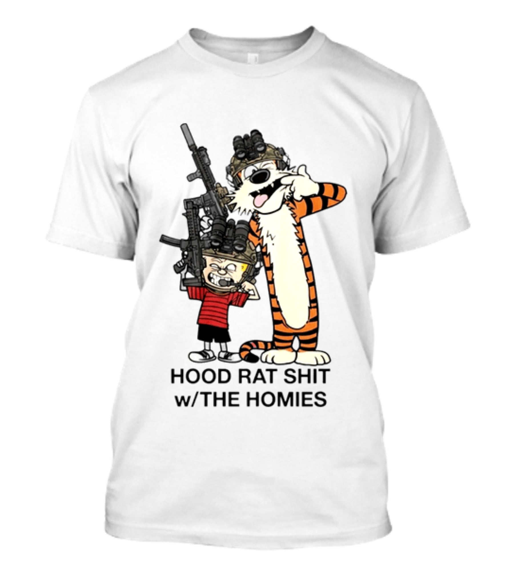 Calvin And Hobbes Hood Rat Shit W The Homies Rifle Helmets T-Shirt