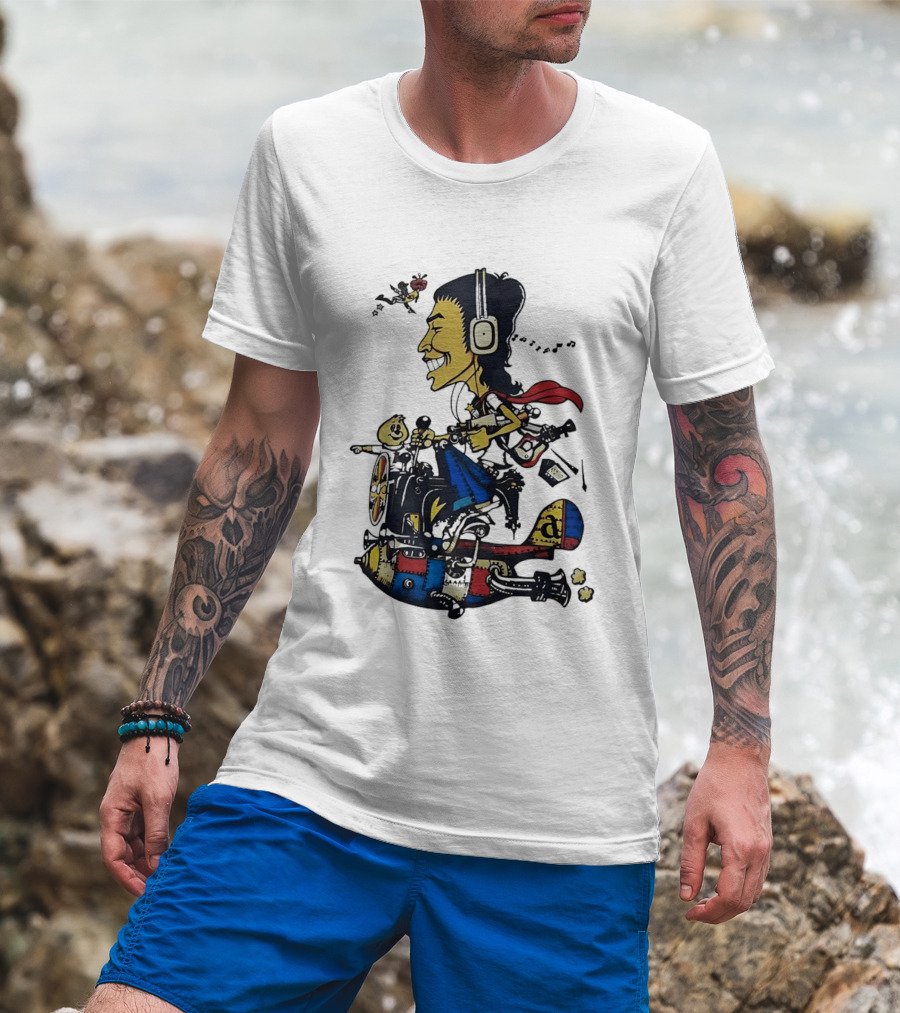 Cartoon Caricature Man With Headphones Riding Flying Rocket Airplane T-Shirt