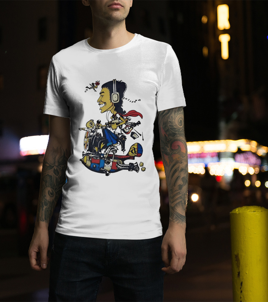 Cartoon Caricature Man With Headphones Riding Flying Rocket Airplane T-Shirt