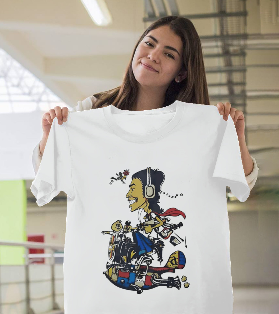 Cartoon Caricature Man With Headphones Riding Flying Rocket Airplane T-Shirt