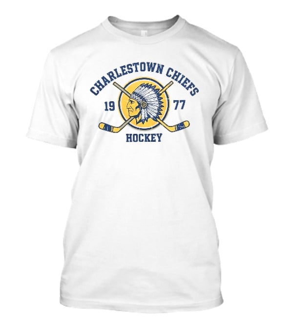 Charlestown Chiefs 1977 Hockey Team Logo With Vintage Native American Head And Crossed Hockey Sticks T-Shirt