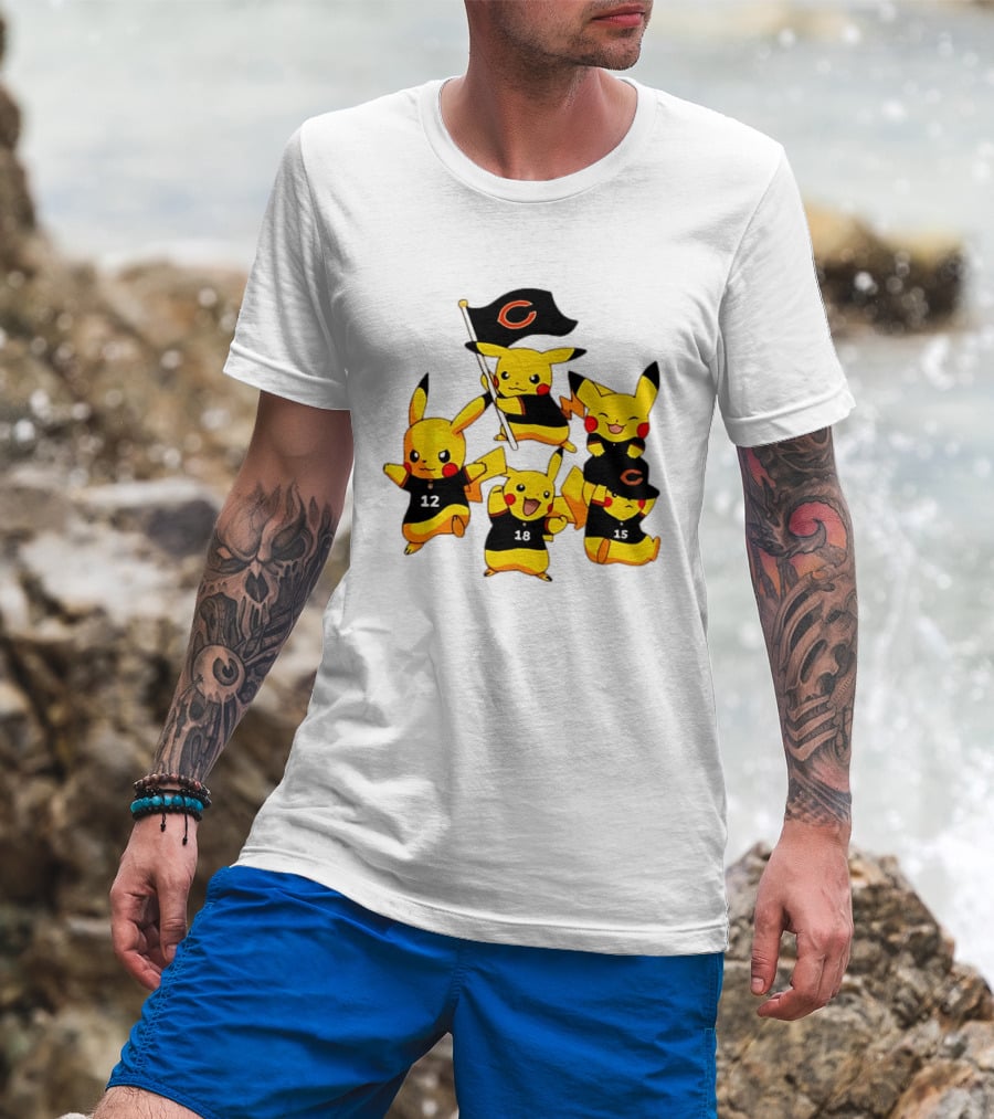 Chicago Bears Pikachu Fan Squad With Flag And Jerseys T-Shirt