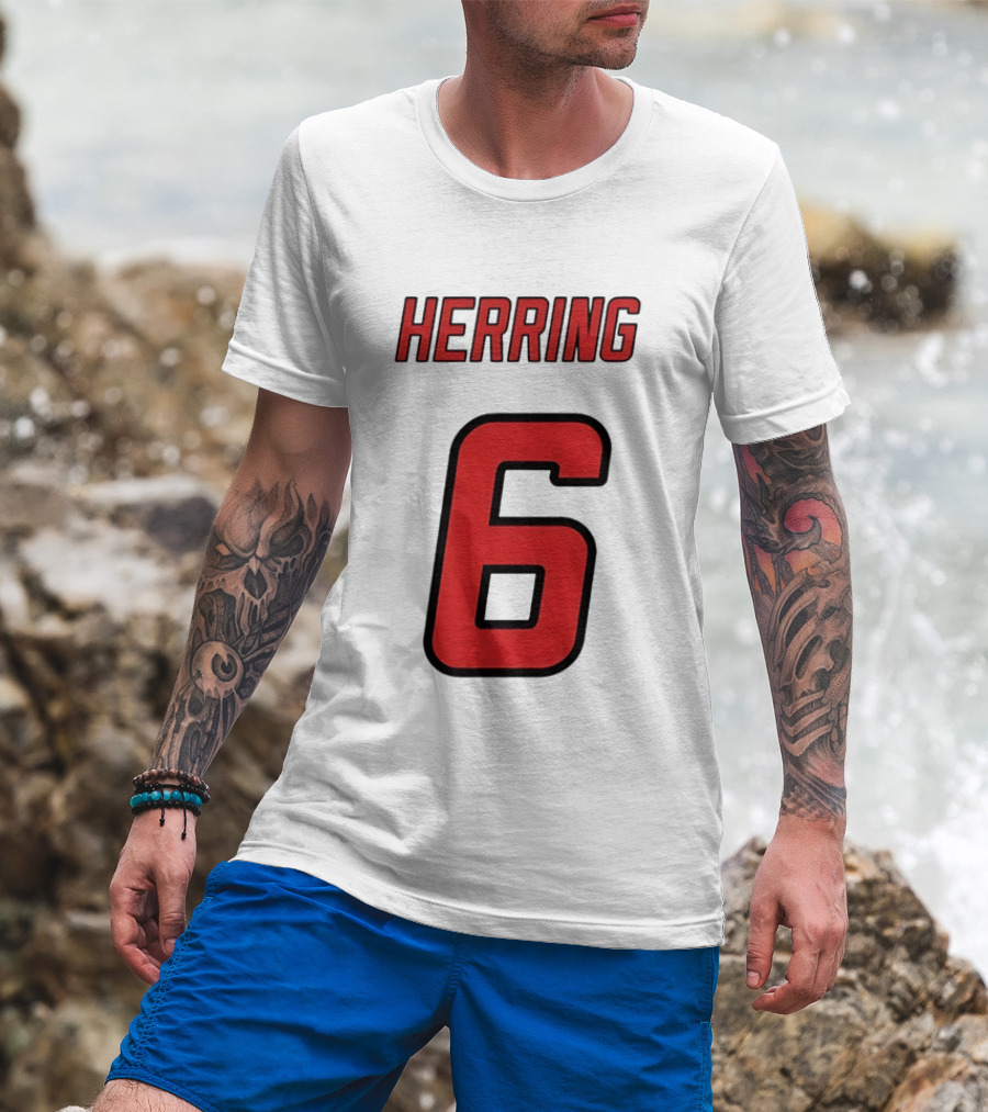 Herring 6 Red Jersey Name Number Bold Athletic Font T-Shirt