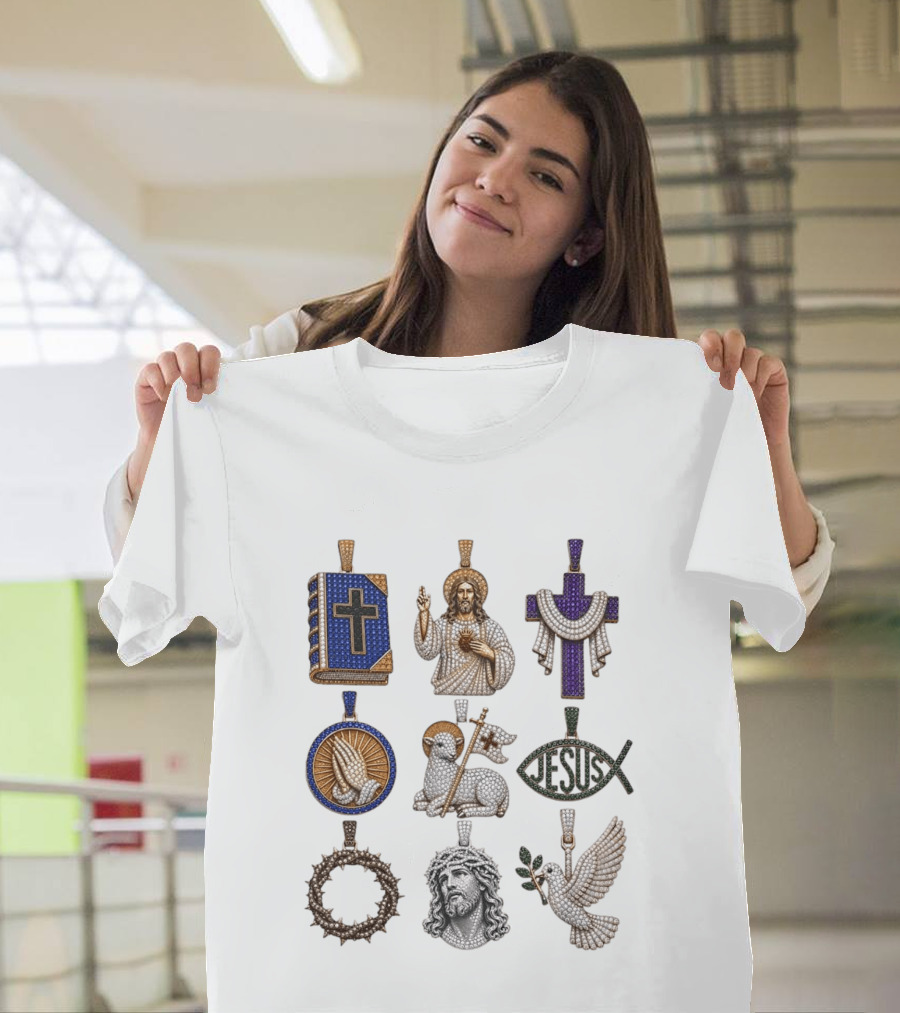 Jesus Cross Bible Lamb Fish Dove Crown Praying Hands Gemstone Pendants Collection T-Shirt