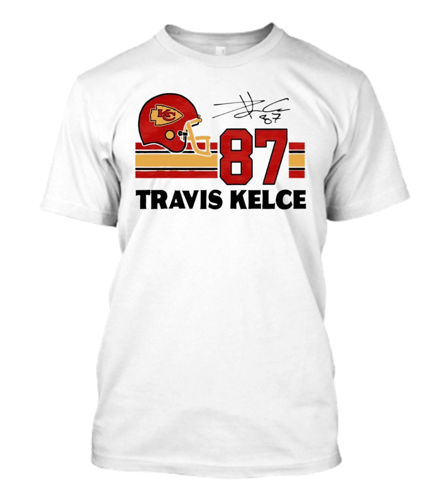 Kansas City Chiefs Travis Kelce 87 Red Gold Helmet Stripes T-Shirt