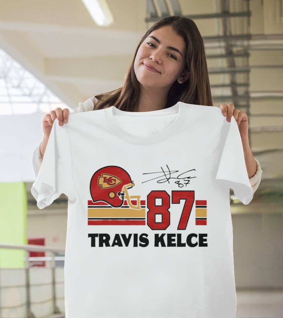 Kansas City Chiefs Travis Kelce 87 Red Gold Helmet Stripes T-Shirt