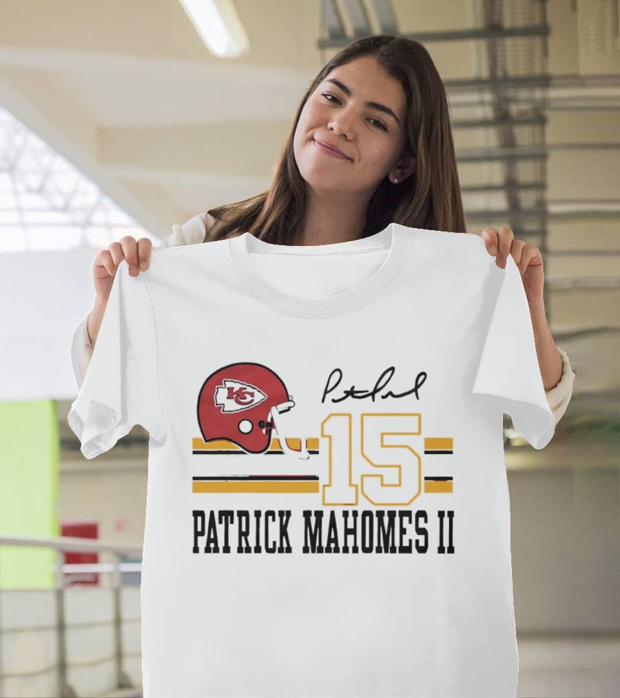 Kansas City Chiefs Patrick Mahomes II Number 15 Signature Football Helmet Stripes T-Shirt