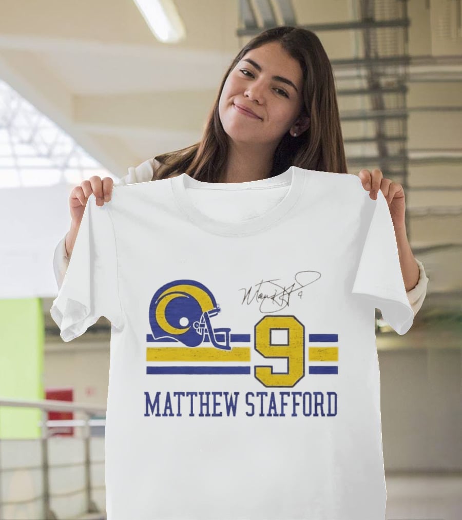 Los Angeles Rams Matthew Stafford Helmet Autograph Number 9 Blue Yellow Stripes T-Shirt