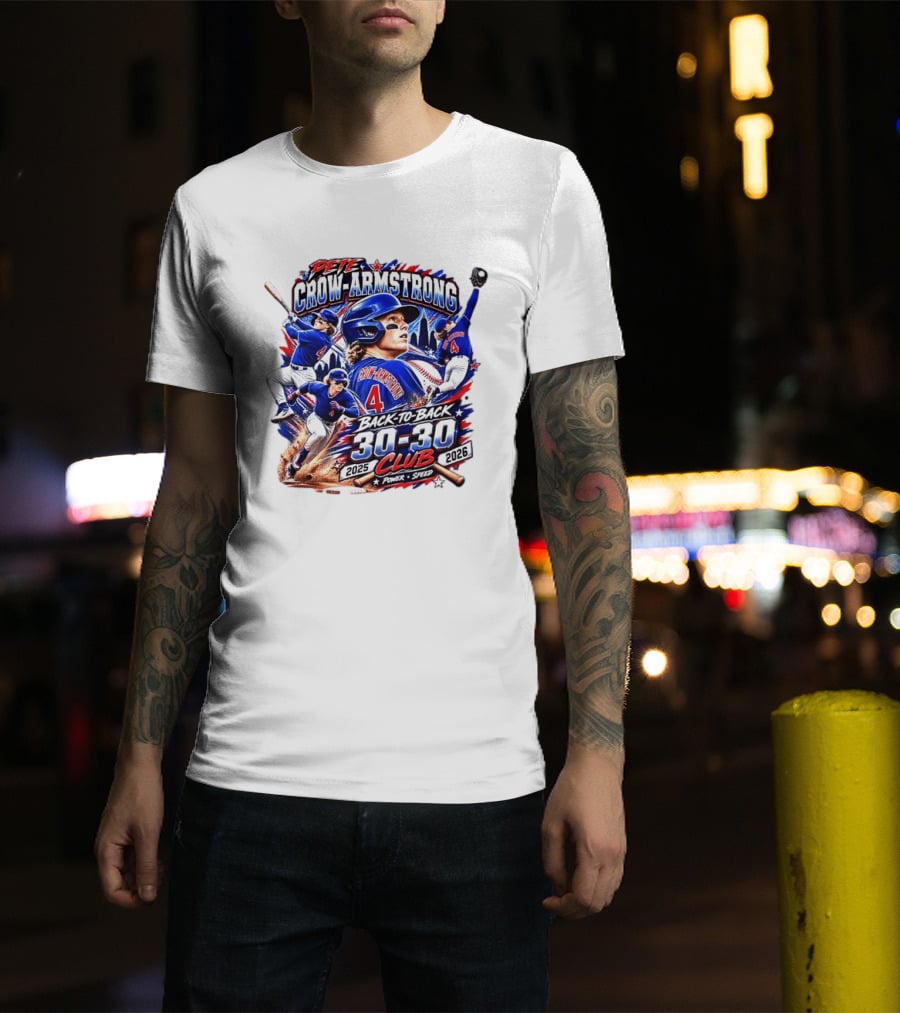 Pete Crow Armstrong Back To Back 30 30 Club 2025 2026 Power Speed Chicago Baseball Action Skyline T-Shirt