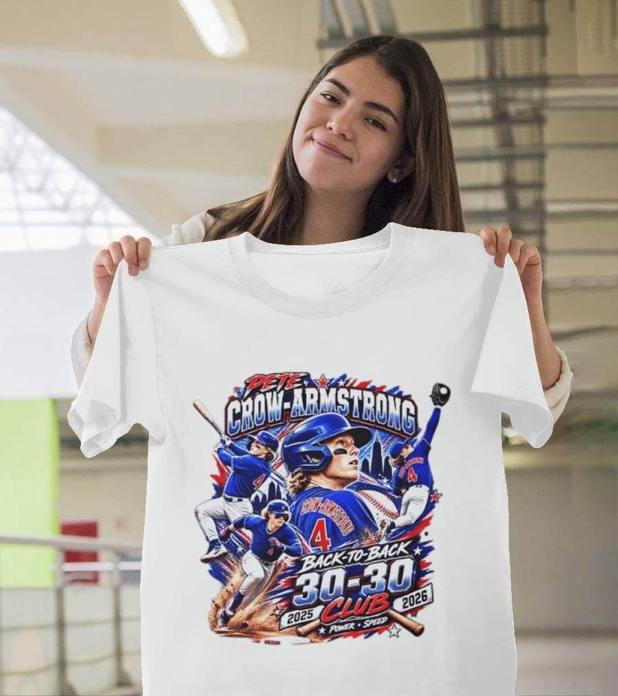 Pete Crow Armstrong Back To Back 30 30 Club 2025 2026 Power Speed Chicago Baseball Action Skyline T-Shirt