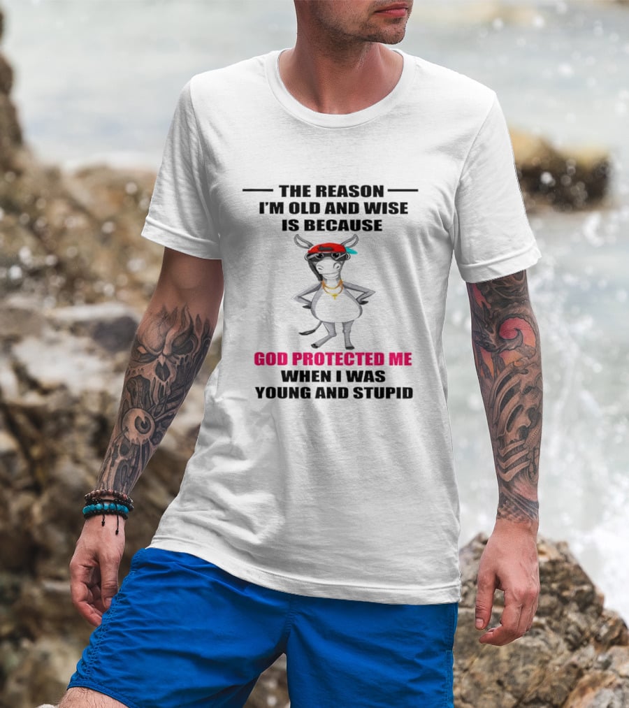 The Reason I'm Old And Wise God Protected Me When I Was Young And Stupid Cool Cow With Cap And Chains T-Shirt