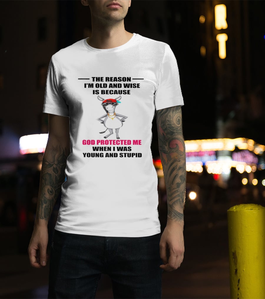 The Reason I'm Old And Wise God Protected Me When I Was Young And Stupid Cool Cow With Cap And Chains T-Shirt