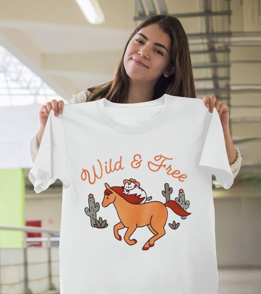 Wild And Free Cartoon Cowboy Cat Galloping Horse Cactus Scene T-Shirt