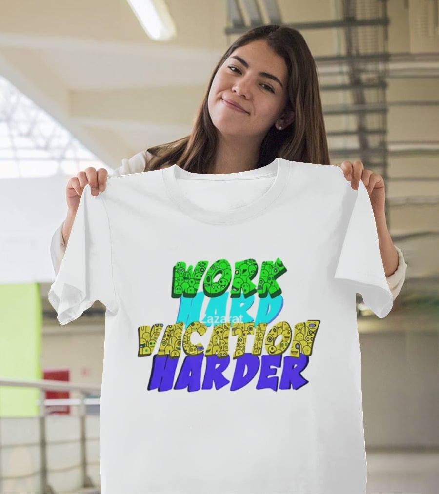 Work Hard Vacation Harder Emoji Patterned Colorful T-Shirt