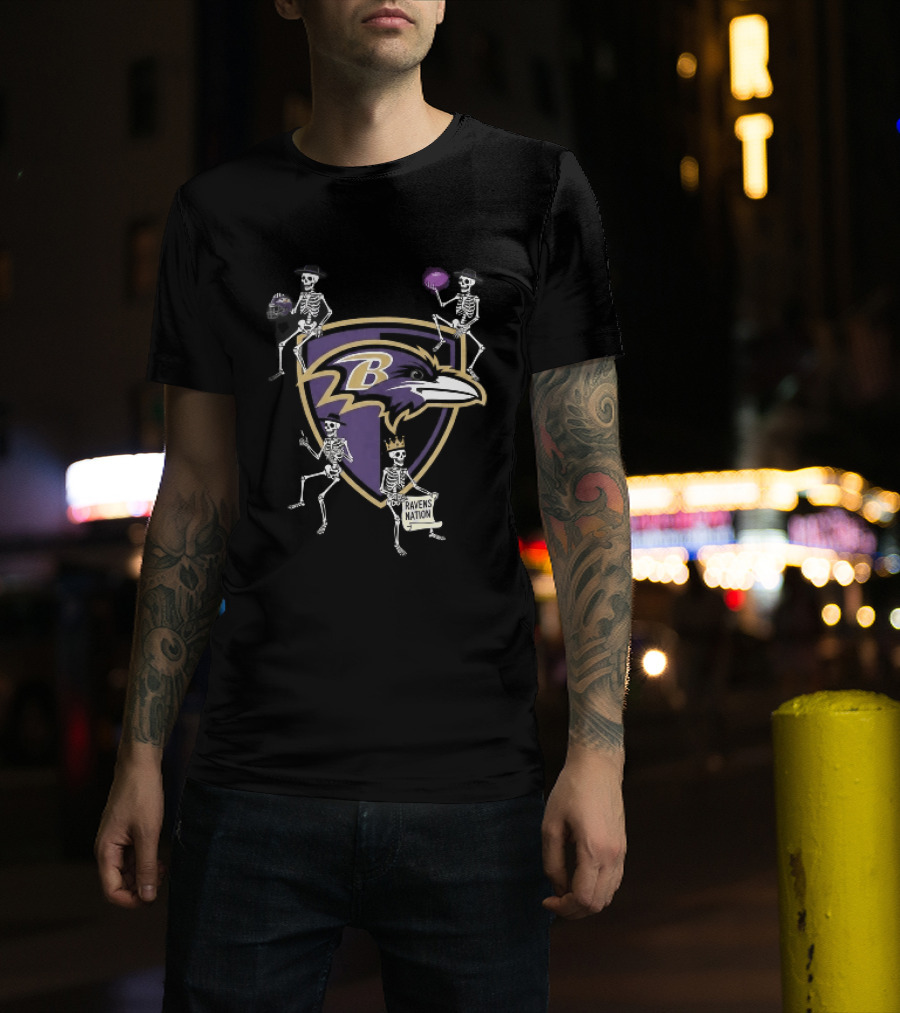 Baltimore Ravens Nation Skeletons Football Helmet Shield Ravens Logo Halloween T-Shirt