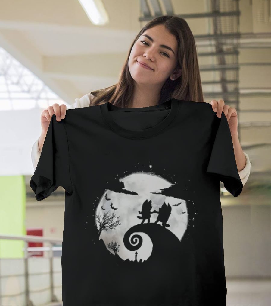 Bluey And Bingo Halloween Mashup With Iconic Moonlit Hill Scene T-Shirt