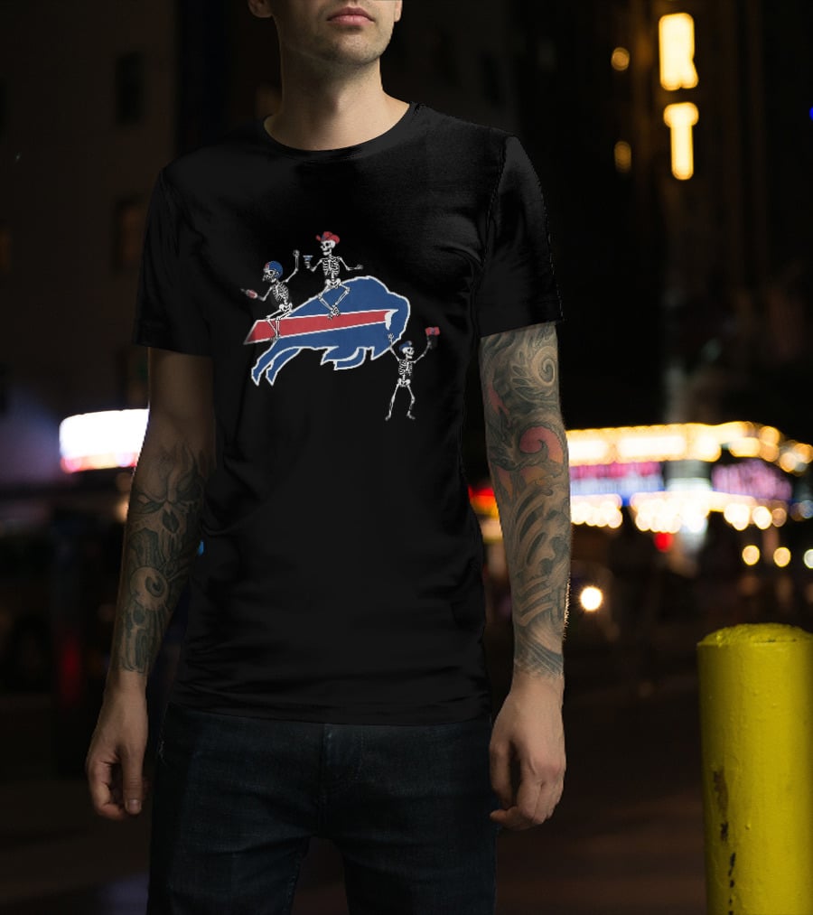 Buffalo Bills Skeletons Riding Logo With Cowboy Hats And Footballs T-Shirt