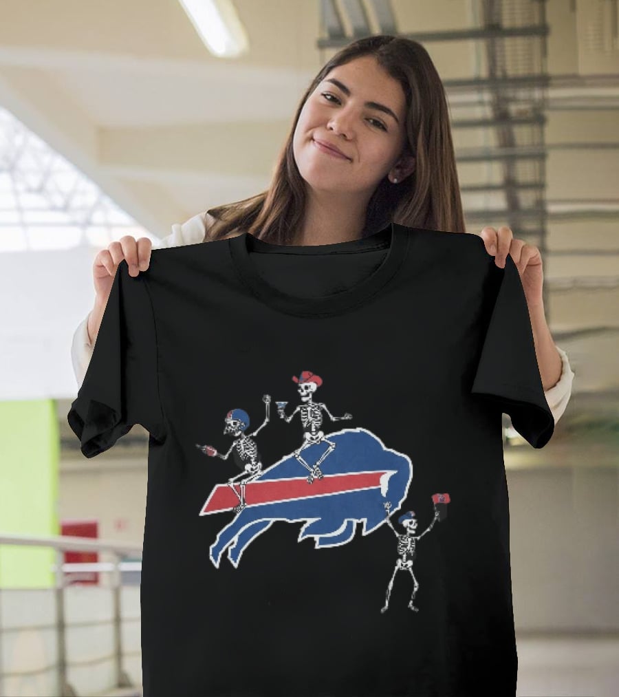 Buffalo Bills Skeletons Riding Logo With Cowboy Hats And Footballs T-Shirt