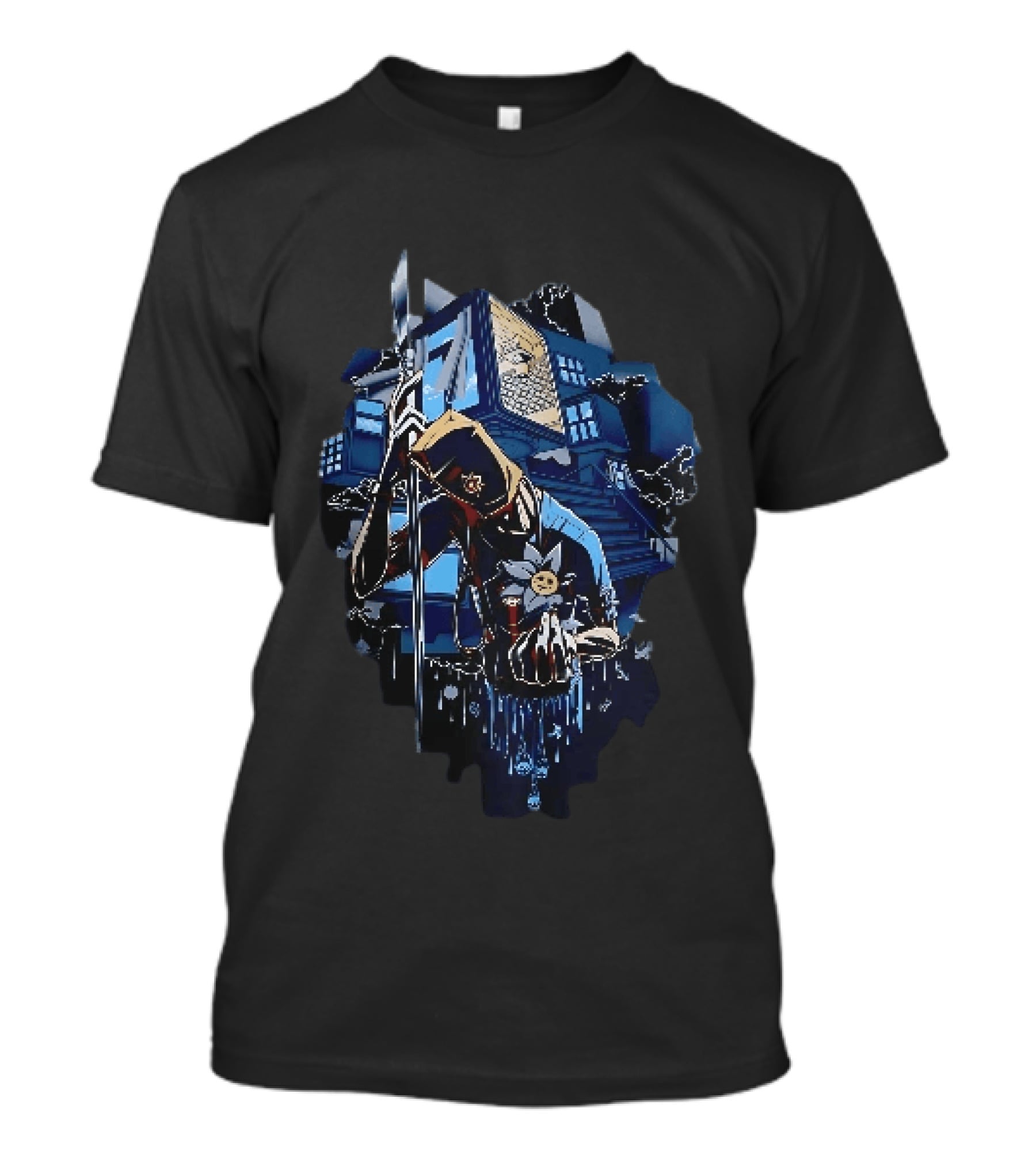 Masked Figure With Spear And Smiling Flower By Mysterious Floating House T-Shirt