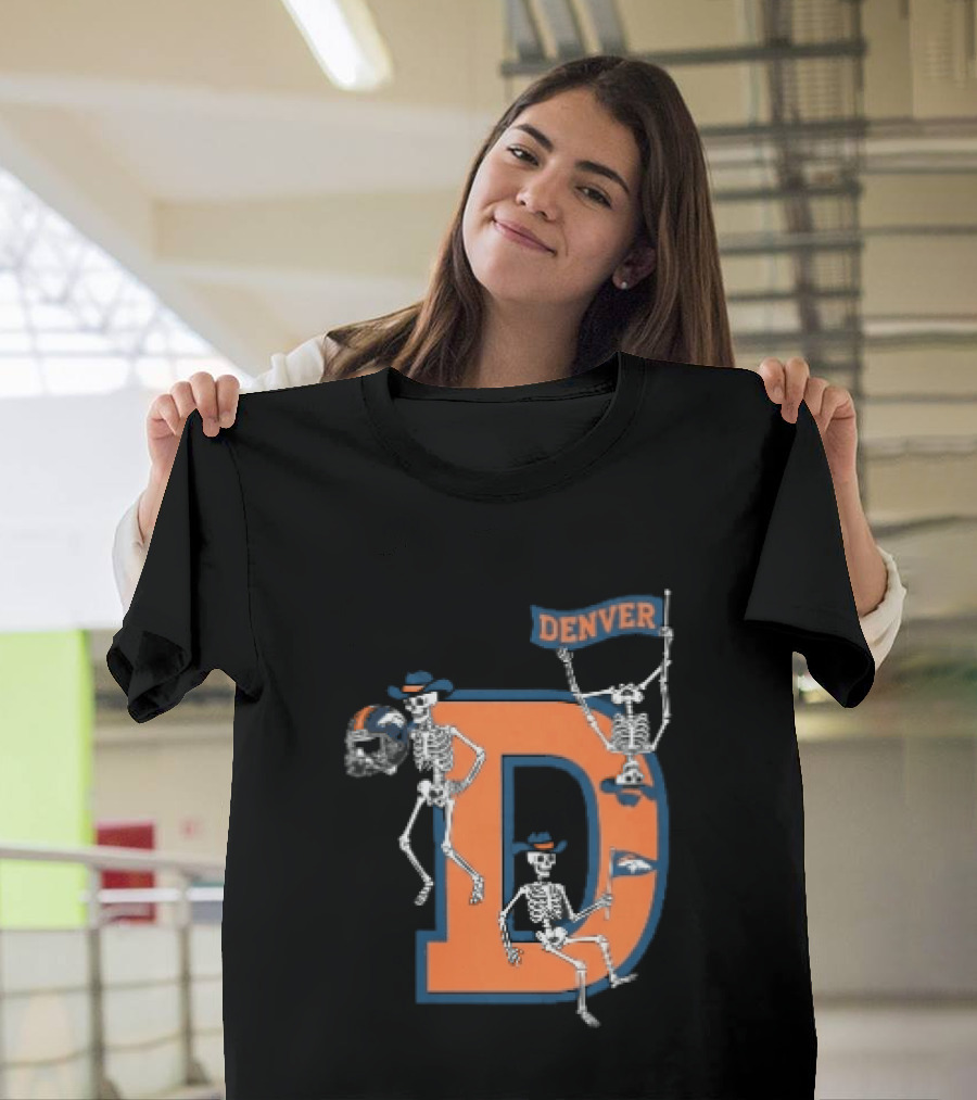 Denver Broncos Skeletons Cowboy Hats Big D Helmet Flag Orange T-Shirt