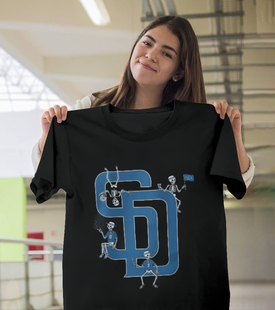 Detroit Lions San Diego Padres MLB Skeletons Interlocking SD T-Shirt
