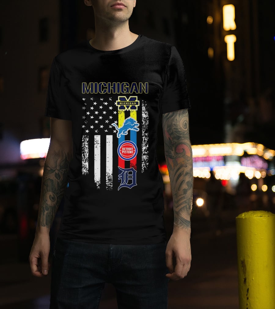 Michigan Wolverines Detroit Lions Pistons Tigers Flag T-Shirt