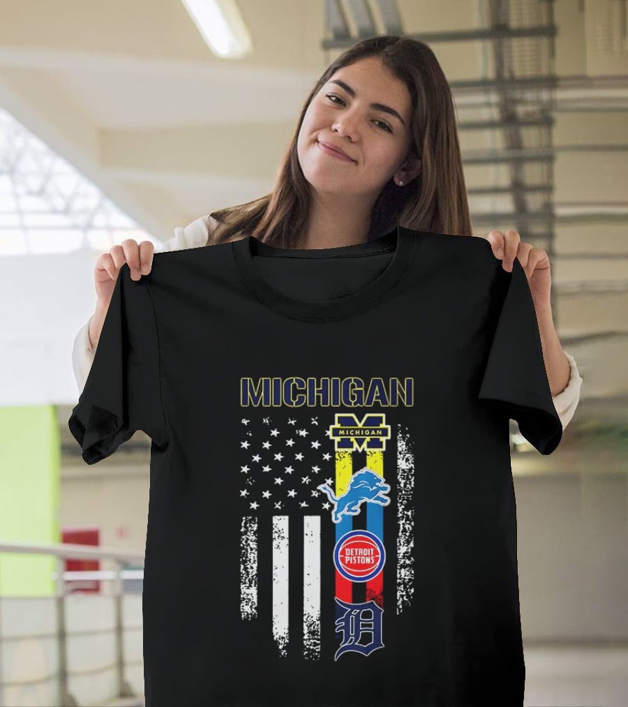 Michigan Wolverines Detroit Lions Pistons Tigers Flag T-Shirt