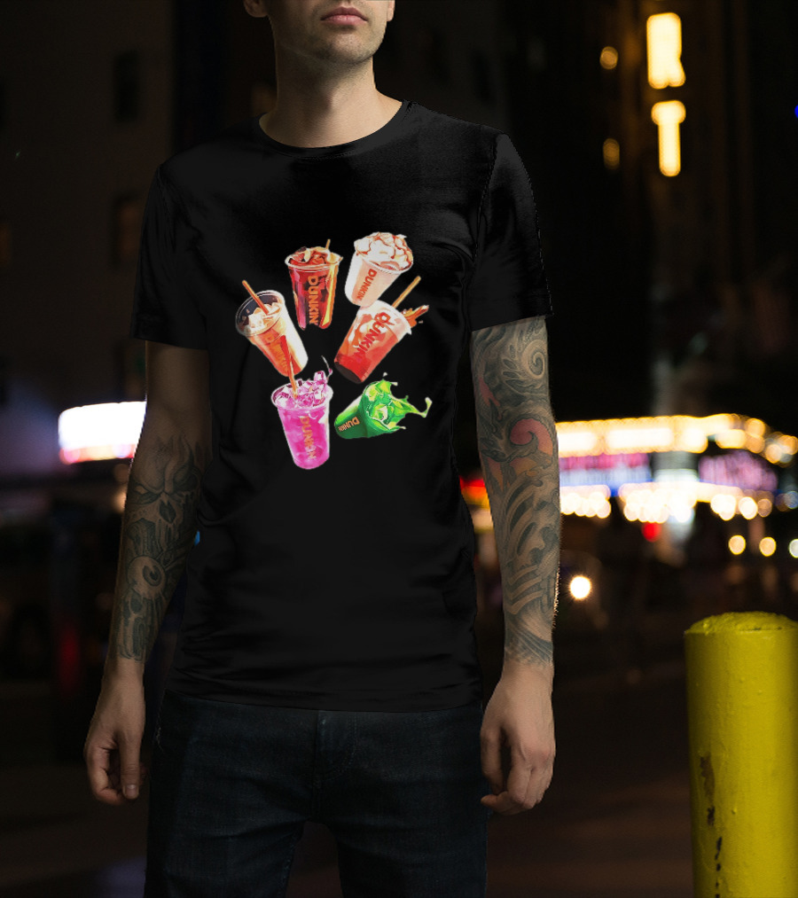 Dunkin Colorful Iced Coffee Beverages Splash With Straws T-Shirt